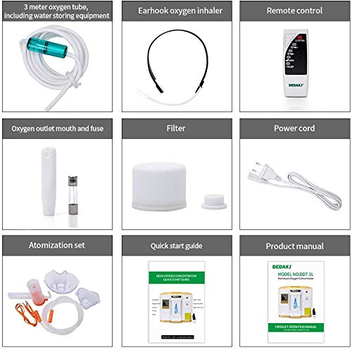 Concentrador de oxígeno, 90% Alta Pureza 1-7L / min Generador de oxígeno de flujo O2 Hogar inteligente LED portátil con control remoto para uso doméstico y de viaje en automóvil, DE-1L