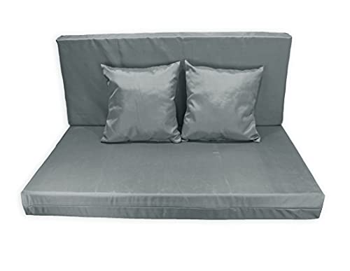 Conjunto 4 Piezas Impermeables Sofá de Palets, Asiento Palet 120x80 cm + Respaldo + Dos Cojines. Cómodo y Elegante para Interior y Exterior. (Gris, Funda con Relleno)