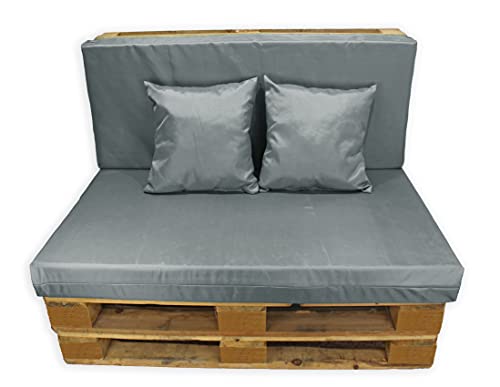 Conjunto 4 Piezas Impermeables Sofá de Palets, Asiento Palet 120x80 cm + Respaldo + Dos Cojines. Cómodo y Elegante para Interior y Exterior. (Gris, Funda con Relleno)