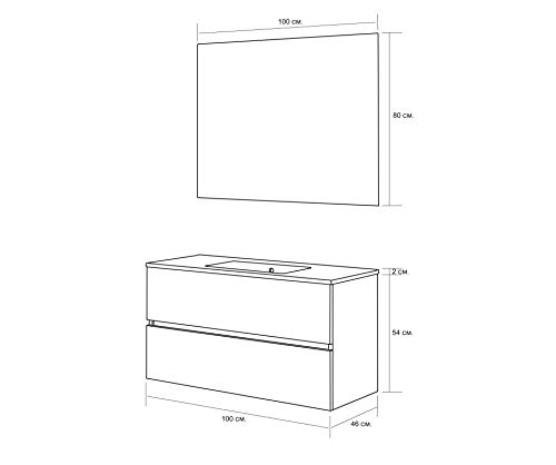 Conjunto de Mueble de Baño Onyx. Mueble 100cm, 2 cajones, suspendido en Pared, con Lavabo cerámico, y Espejo. Varios Acabados y Medidas. Mueble Montado.