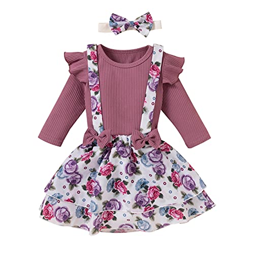 Conjunto de ropa para bebé niña, con volantes, hombros y manga larga, camiseta de manga corta + pantalón de flores + cinta para la frente para recién nacidos, ropa de bebé 2178, c, Talla única