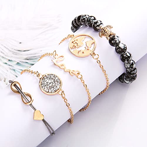 Conjunto Pulseras Mujer, Dsaren Apilable Pulsera Ajustable Circón Brazalete Conjunto Mujeres Accesorios de la joyería, Mejores Regalos para Ella (Mapa y tortuga)