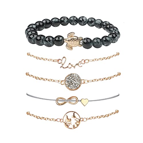 Conjunto Pulseras Mujer, Dsaren Apilable Pulsera Ajustable Circón Brazalete Conjunto Mujeres Accesorios de la joyería, Mejores Regalos para Ella (Mapa y tortuga)