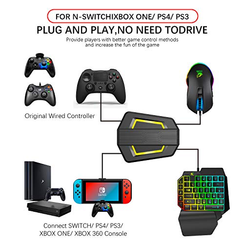 Conversor controlador de juegos con retroiluminación LED, adaptador/convertidor de ratón y teclado USB tipo C para PS4 / Xbox One / Xbox 360 / Nintendo Switch / PS3 (negro)