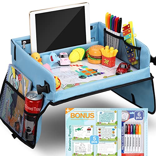 COOLJOY Bandeja Viaje Coche Niños, Mesa Coche para Niños, Tablero Impermeable del Acolchado Suave, Paredes Laterales Robustas - Bandeja de Comida y Bocadillos Asiento de Auto, Viaje Aéreo ect.