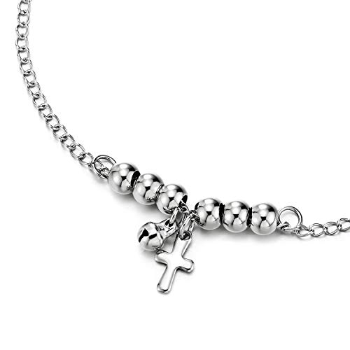 COOLSTEELANDBEYOND Mujer Acero Inoxidable Cadena Enlace Tobillera con Perla Cadena, Colgantes Cruz Charms y Cascabel