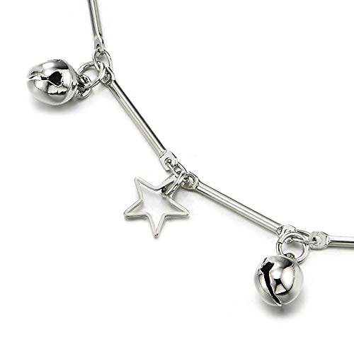 COOLSTEELANDBEYOND Mujer Tobillera con Colgantes Charms de Abierto Pentagrama Estrella y Cascabel, Ajustable