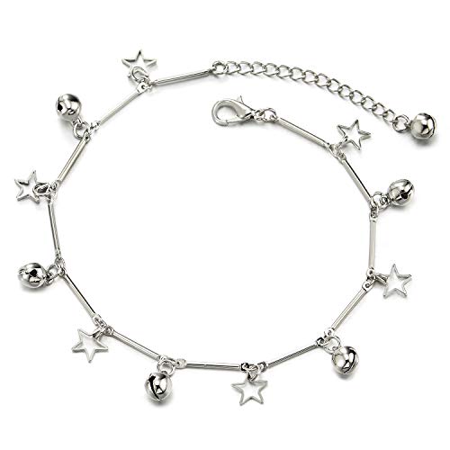 COOLSTEELANDBEYOND Mujer Tobillera con Colgantes Charms de Abierto Pentagrama Estrella y Cascabel, Ajustable