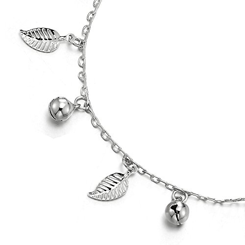 COOLSTEELANDBEYOND Unico Mujer Cadena Enlace Tobillera con Hojas Charms y Cascabel, Ajustable