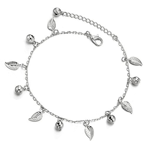 COOLSTEELANDBEYOND Unico Mujer Cadena Enlace Tobillera con Hojas Charms y Cascabel, Ajustable