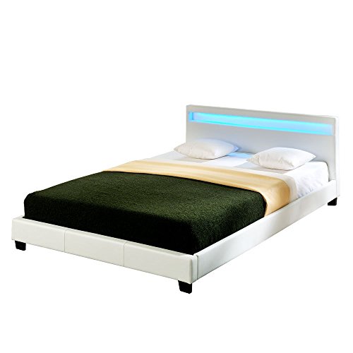 Corium Cama Elegante de Matrimonio tapizada en Piel sintética - con Sistema de iluminación LED - 140x200cm (Blanco) - diseño Moderno