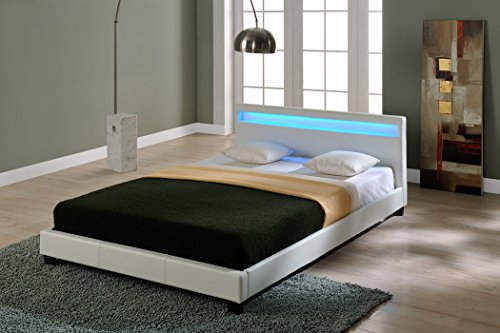 Corium Cama Elegante de Matrimonio tapizada en Piel sintética - con Sistema de iluminación LED - 140x200cm (Blanco) - diseño Moderno