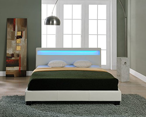 Corium Cama Elegante de Matrimonio tapizada en Piel sintética - con Sistema de iluminación LED - 140x200cm (Blanco) - diseño Moderno