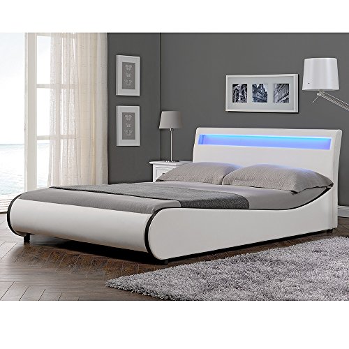 Corium Cama Elegante tapizada en Piel sintética - con Sistema de iluminación LED - 140x200cm (Blanco)