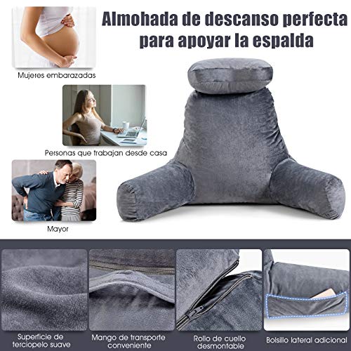 COSTWAY Almohada de Lectura Soporte de Cuello Extraíble Cojín con Brazos Almohada de Apoyo Lumbar para Relajado Leer