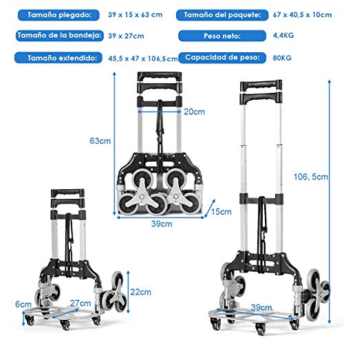 COSTWAY Carro de Carga con Ruedas Plegable Escalera Carro de Transporte Empuñadura Telescópica Carretilla de Mano Carga hasta 80kg