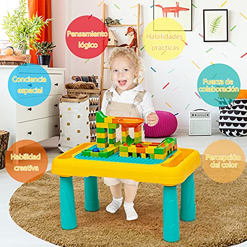 COSTWAY Mesa de Juegos para Niños con Tablero de Doble Cara Mesa de Bloques de Construcción Escritorio de Dibujo Mesa de Educativos para Niños Mayores de 3 Años