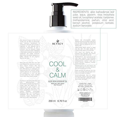 Crema Corporal de Aloe Vera con Aceite de Rosa de Mosqueta - Hidratante/Aftersun/Post Depilación - Refrescante/Calmante/Antiinflamatoria - Crema ligera/Gel - COOL&CALM de Beysey 200ml