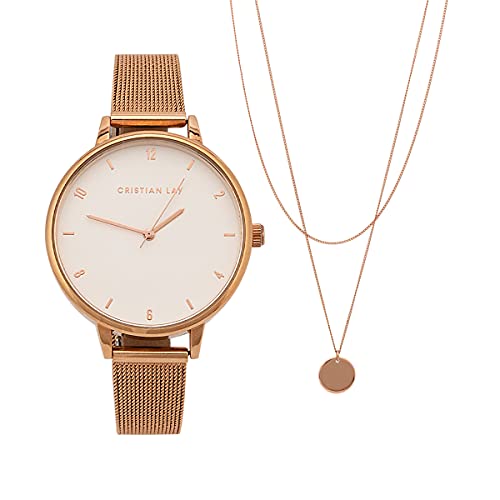 Cristian Lay Set de Reloj y Gargantilla Basic en Oro Especial Rosa para Mujer. Conjunto de Reloj con Esfera de 38mm y Correa de Acero. Cadena con Colgante Circular, Cierre Mosquetón. Largo Adaptable.