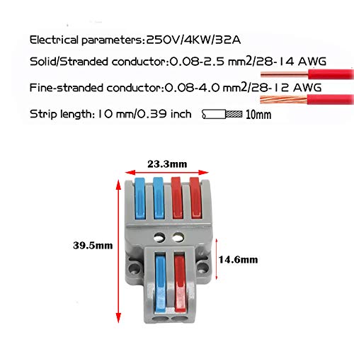 CTRICALVER Lever-Nut Surtidas Conector Paquete de 10, Bloque de Terminales de Barra de Presión Bilateral, 2 en 4 fuera Conductor Compacto Cable Conector，Con tornillos de montaje