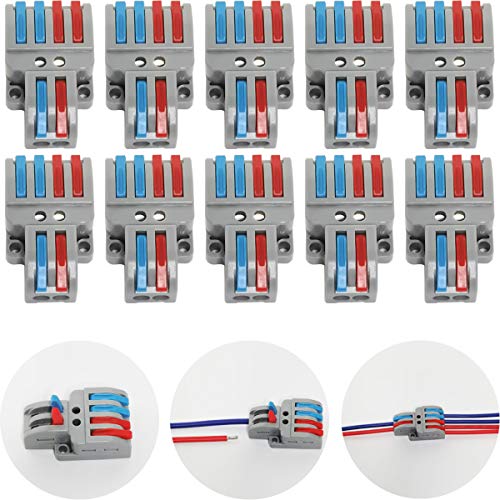 CTRICALVER Lever-Nut Surtidas Conector Paquete de 10, Bloque de Terminales de Barra de Presión Bilateral, 2 en 4 fuera Conductor Compacto Cable Conector，Con tornillos de montaje