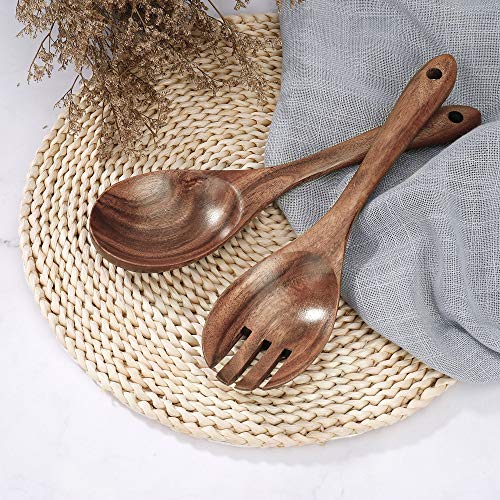 Cubiertos de Ensalada Madera, Grandes Pinzas Mango Largo Tenedores de Cuchara Reutilizables Utensilios de Cocina Tenedor para Sartenes Antiadherentes para Servir Pasta, Fruta (2 Piezas)