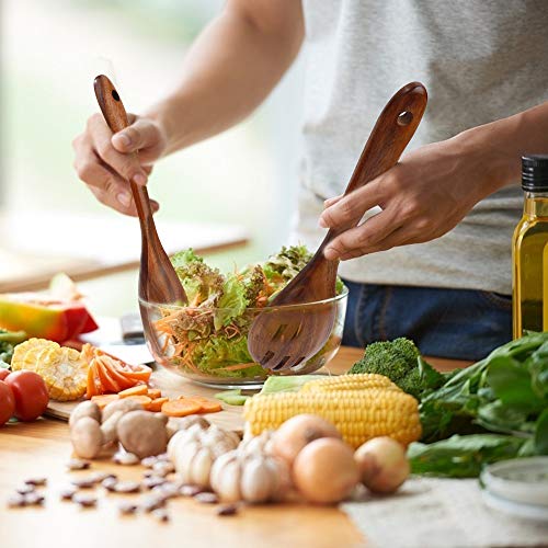 Cubiertos de Ensalada Madera, Grandes Pinzas Mango Largo Tenedores de Cuchara Reutilizables Utensilios de Cocina Tenedor para Sartenes Antiadherentes para Servir Pasta, Fruta (2 Piezas)