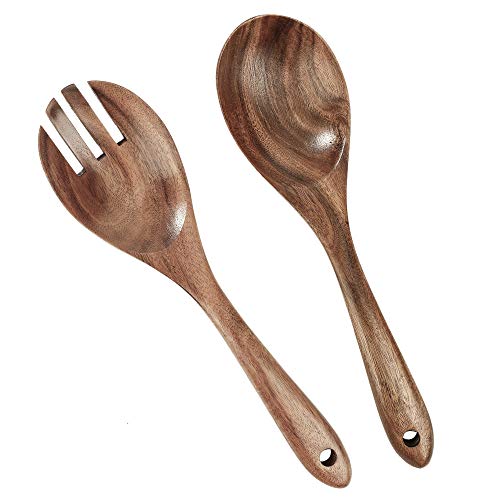 Cubiertos de Ensalada Madera, Grandes Pinzas Mango Largo Tenedores de Cuchara Reutilizables Utensilios de Cocina Tenedor para Sartenes Antiadherentes para Servir Pasta, Fruta (2 Piezas)