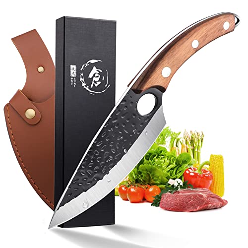 Cuchillo de chef forjado a mano con funda de piel, caja de regalo, abrebotellas, diseño afilado, carnicero, cuchillo de cocina para cocina, exterior, barbacoa y camping