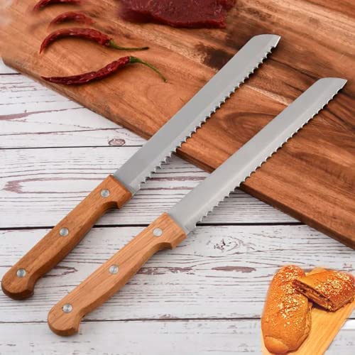 Cuchillo para pan, cuchillos cocina, cuchillo PROFESIONAL de acero inoxidable con mango de MADERA, gran sierra dentada de 210 mm, cuchillo cortador de cualquier tipo de pan