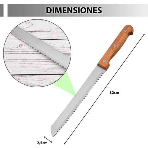 Cuchillo para pan, cuchillos cocina, cuchillo PROFESIONAL de acero inoxidable con mango de MADERA, gran sierra dentada de 210 mm, cuchillo cortador de cualquier tipo de pan