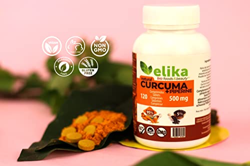 Cúrcuma con Pimienta negra (Piperine) 100% NATURAL de Elikafoods® 120 comprimidos vegetales de 500 mg. Potente antiinflamatorio y antioxidante natural. Sin aditivos ni estimulantes artificiales.