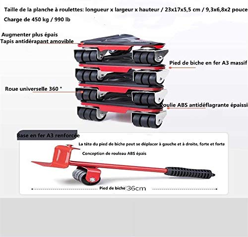 Cursor robusto de herramienta de movimiento de muebles, elevador de muebles, herramienta de movimiento de rollo de muebles, rotación de 60 grados, carga máxima de 450 kg / 990 lb