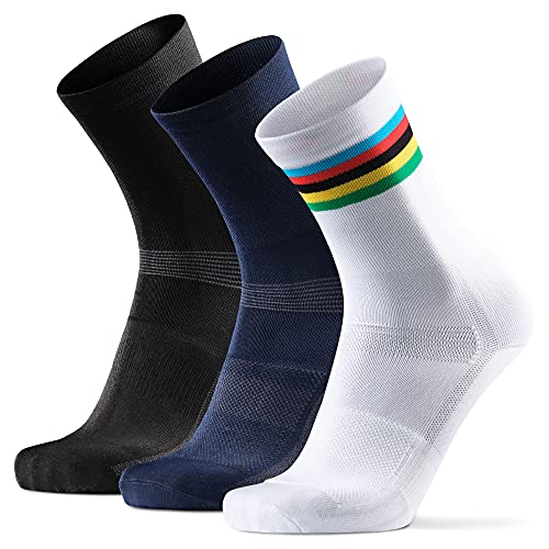 DANISH ENDURANCE Calcetines de Ciclismo para Hombres y Mujeres, Paquete de 3 Calcetines de Bicicleta Transpirables hasta el Tobillo (1 x Rayas, 1 x Negro, 1 x Azul), EU 39-42