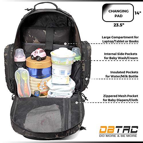 DBTAC Bolso para pañales para papá, bolso grande para pañales para niños, con cambiador, aislado, bolsillos para toallitas húmedas, correas para cochecito, Negro camuflaje., L