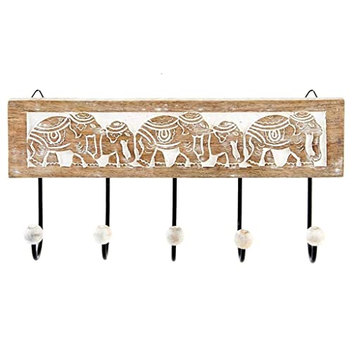 Dcasa - Perchero Pared 5 Colgador Madera Tallada Elefante 38x18 cm