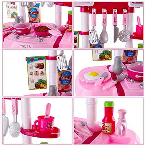 deAO Cocinita Mi Pequeño Chef con Características de Sonidos, Luces y Agua Cocina de Juguete para Principiantes Incluye Accesorios (Rosa)