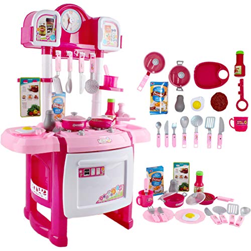 deAO Cocinita Mi Pequeño Chef con Características de Sonidos, Luces y Agua Cocina de Juguete para Principiantes Incluye Accesorios (Rosa)