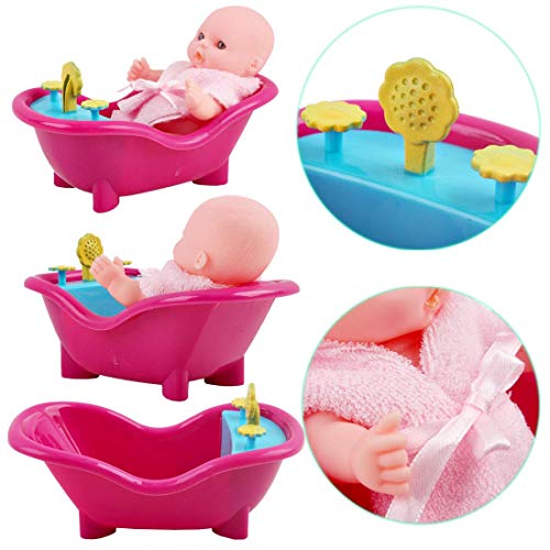 deAO Colección de Muñecas Bebé Tamaño Mini (13cm) y Accesorios Conjunto Incluye 8 Muñecas, Bañera, Trona, Carrito, Cuna, Andador y Más