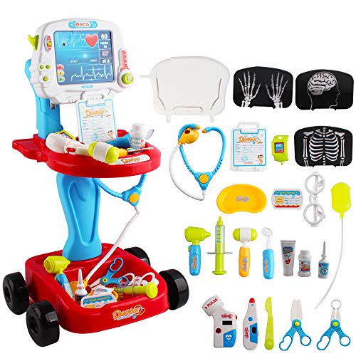 deAO Mi Pequeño Doctor Playset Centro Médico Portatil Maletín a Ruedas Juego de Imitación Incluye Accesorios