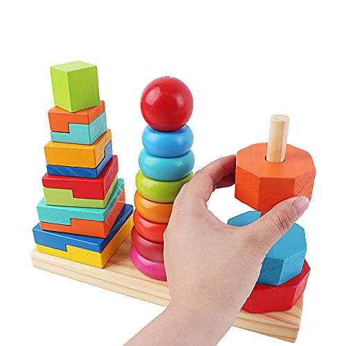 deAO Torre de Bloques de Construcción Apilables de Madera Juego Infantil Diseño Colorido y Seguro de Apilar, Equilibrio y Habilidad Juguete Educativo para el Desarrollo Temprano Niños y Niñas