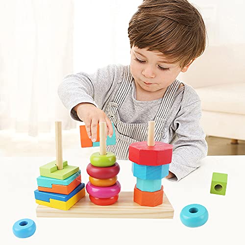 deAO Torre de Bloques de Construcción Apilables de Madera Juego Infantil Diseño Colorido y Seguro de Apilar, Equilibrio y Habilidad Juguete Educativo para el Desarrollo Temprano Niños y Niñas