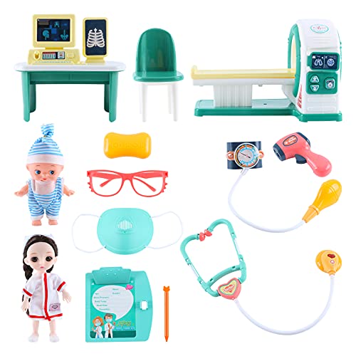 deAO Visitas al Doctor y Enfermería Juego Infantil Médico con Máquina de TC, Muñeca Enfermera, Muñeco Paciente y Variedad de Accesorios con Luces y Sonidos