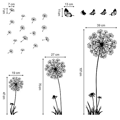 decalmile Diente de León Pegatinas Pared Volando en el Viento Vinilo Decorativo Salon Dormitorio Decoración (Negro)