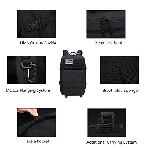 Delgeo Mochila Táctica 45L Gran Capacidad Múltiples Bolsillos Mochila Nylon 900D Impermeable Mochila para Hombre y Mujer Mochila Senderismo, Acampada, Montañismo y más - Negro