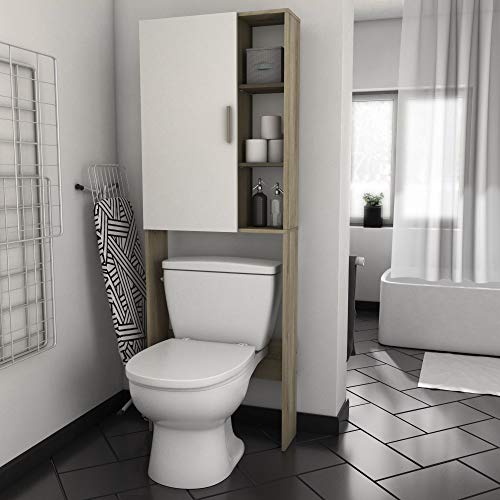 DEMEYERE Mueble baño Auxiliar WC Nacre Color Roble y Blanco Aseo Armario Columna almacenaje 185x66x21 cm