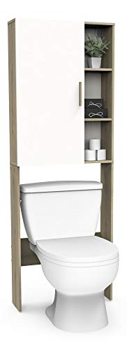 DEMEYERE Mueble baño Auxiliar WC Nacre Color Roble y Blanco Aseo Armario Columna almacenaje 185x66x21 cm