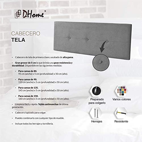 DHOME Cabecero de Polipiel o Tela AQUALINE Pro cabeceros Cabezal tapizado Cama Lujo (Tela Gris, 145cm (Camas 120/135/140))