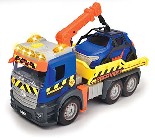 Dickie Toys- Camión Grúa de Juguete 26cm Marca Mercedes, Asistencia en Carretera, Fricción, Con Luz y Sonido, Incluye Coche de 12cm, Adecuado a Partir de 3 Años, Color (203745016)