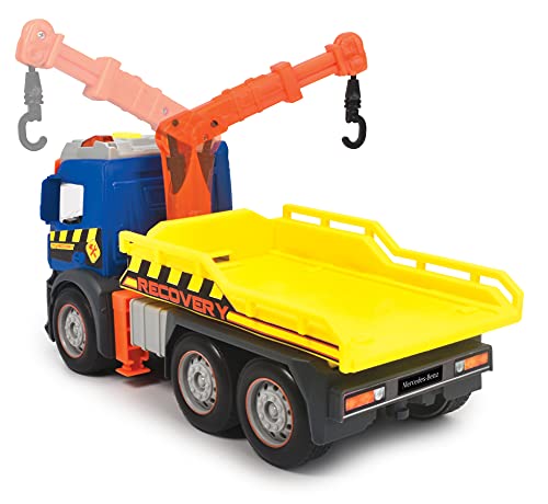 Dickie Toys- Camión Grúa de Juguete 26cm Marca Mercedes, Asistencia en Carretera, Fricción, Con Luz y Sonido, Incluye Coche de 12cm, Adecuado a Partir de 3 Años, Color (203745016)